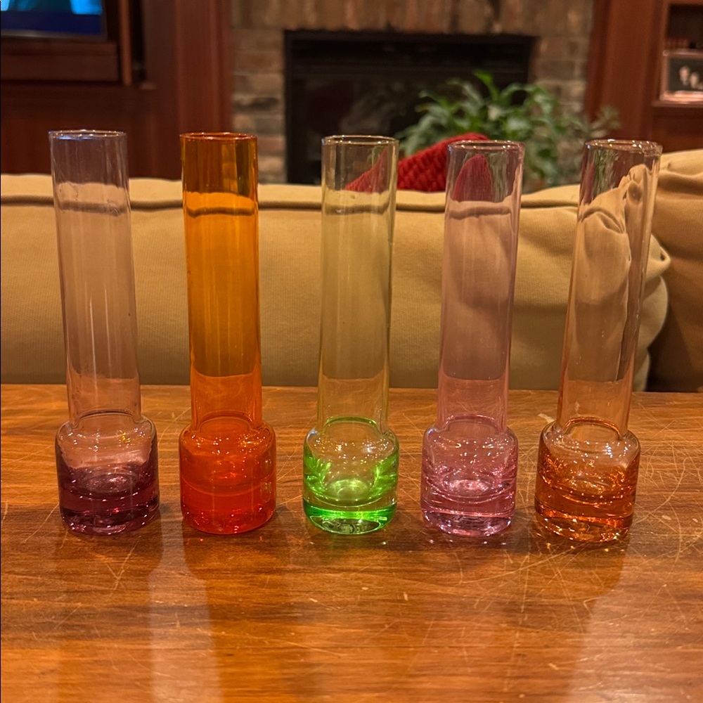 Vintage Colored Shot Glass Set of 5 Bud Vase Cordial Colorful Glasses 6” Tall